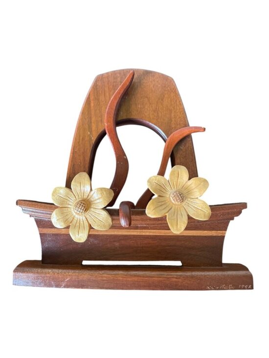 Vintage Other - 90's Hand Carved Wood Sculpture Art Piece Floral Intarsia Artisan